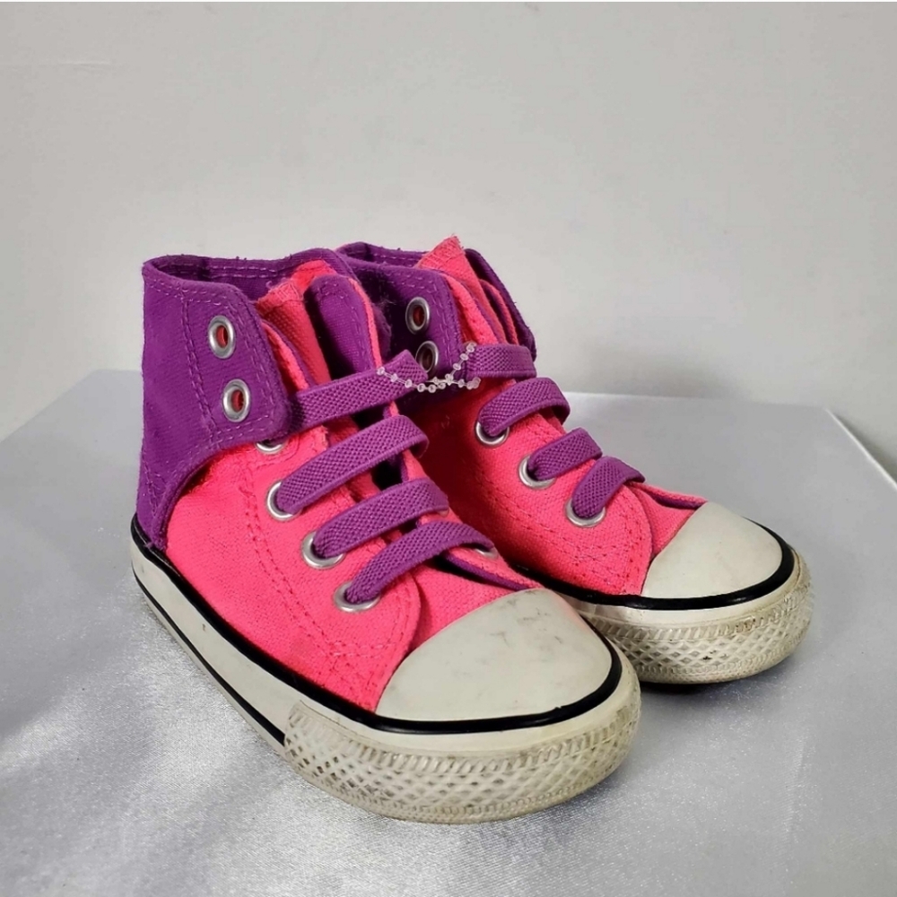 Converse All Star Pink Purple Laced Hook Loop Sneakers Shoes High Tops Tollder5